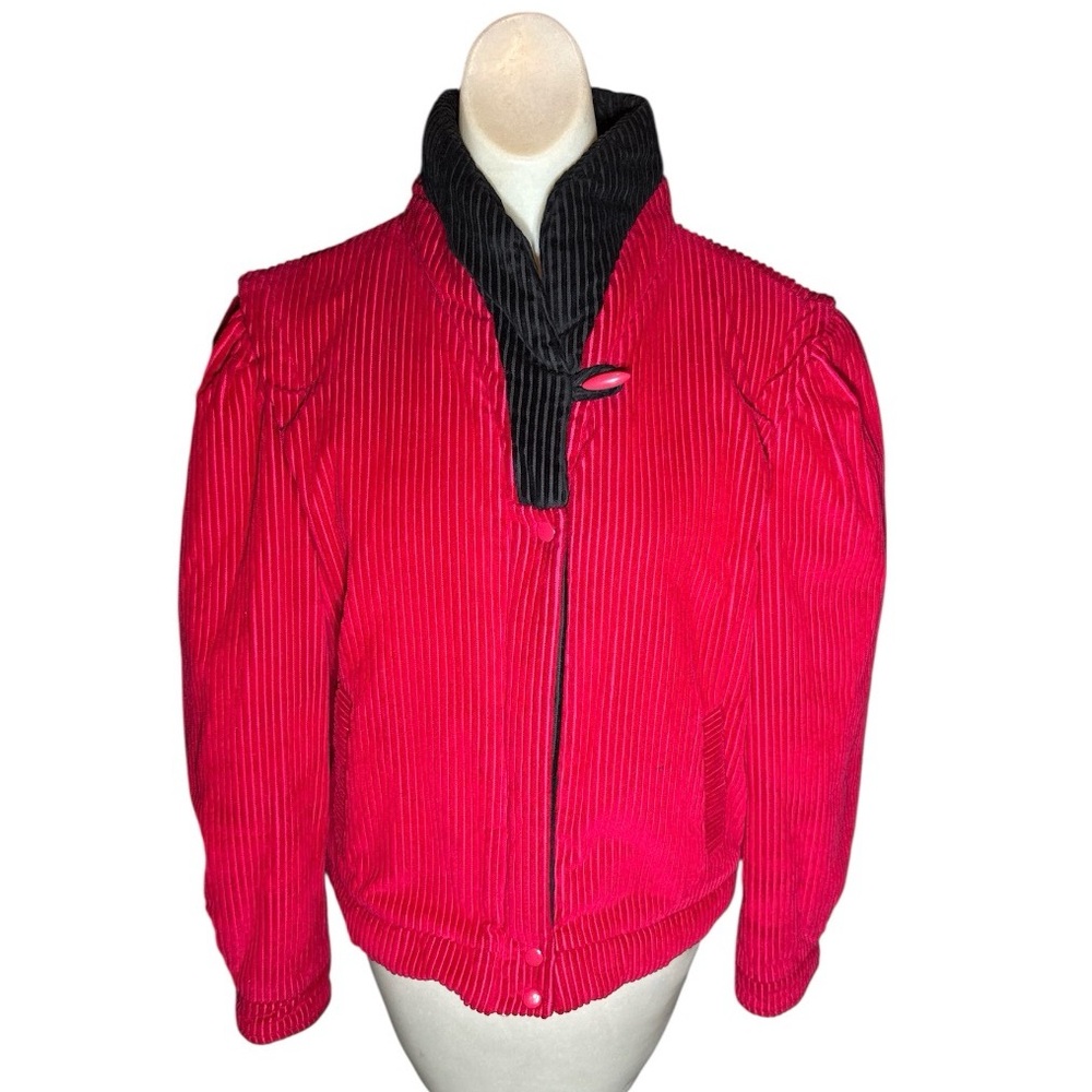 Vintage 1980s Space Age Red Black Corduroy Bomber Puffer Jacket Medium